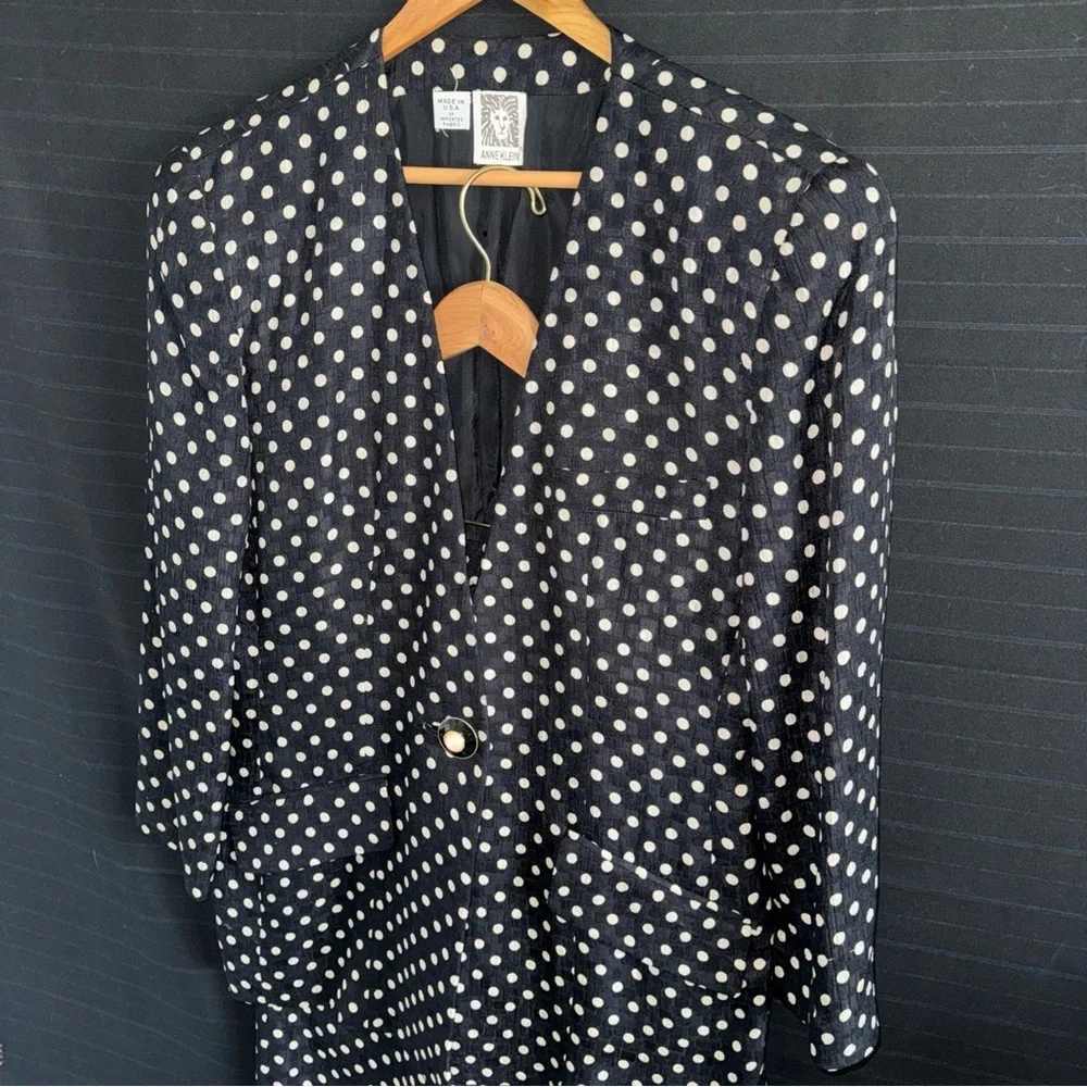 Vintage Anne Klein 2 pc Silk Skirt Suit Black Polka Dot Union Tag 10 Womens